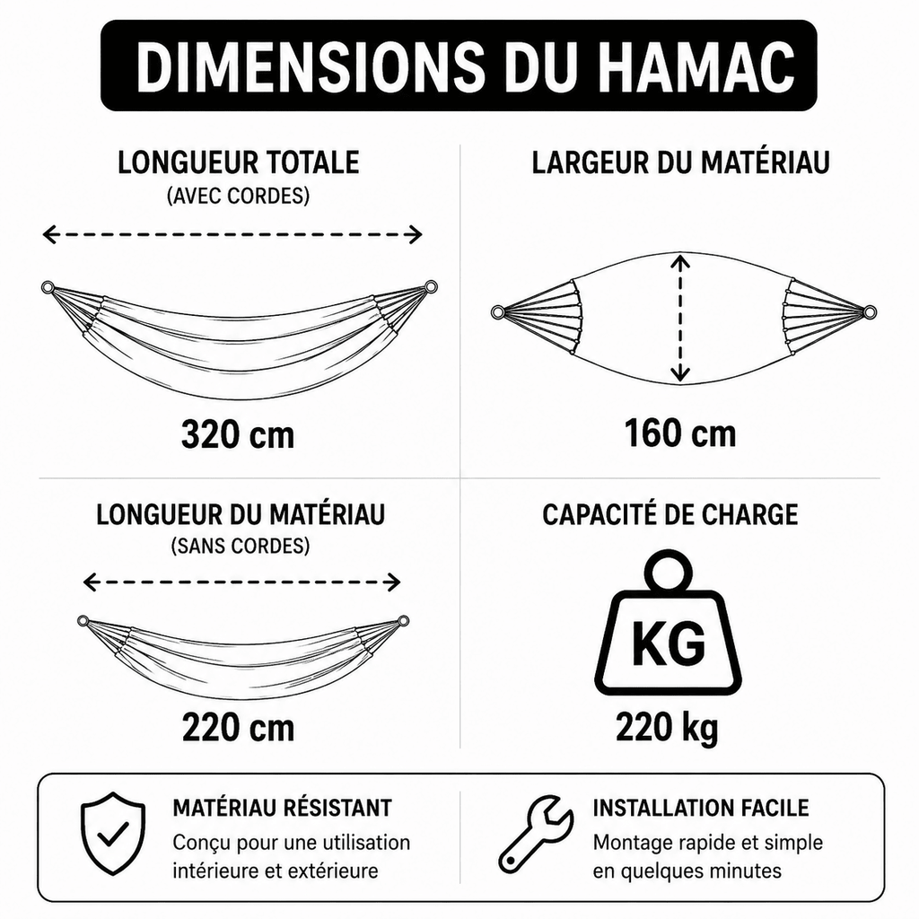 Hamac sur pied 2 places NOVA XL Noir – Support acier – 220 kg – 220 × 160 cm - Hamac sur pied