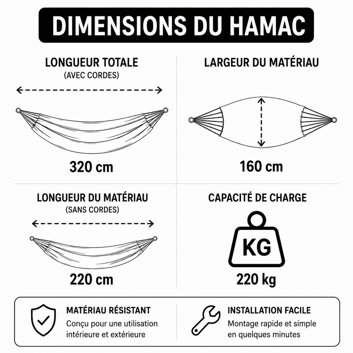 Hamac sur pied 2 places NOVA XL Noir – Support acier – 220 kg – 220 × 160 cm - Hamac sur pied