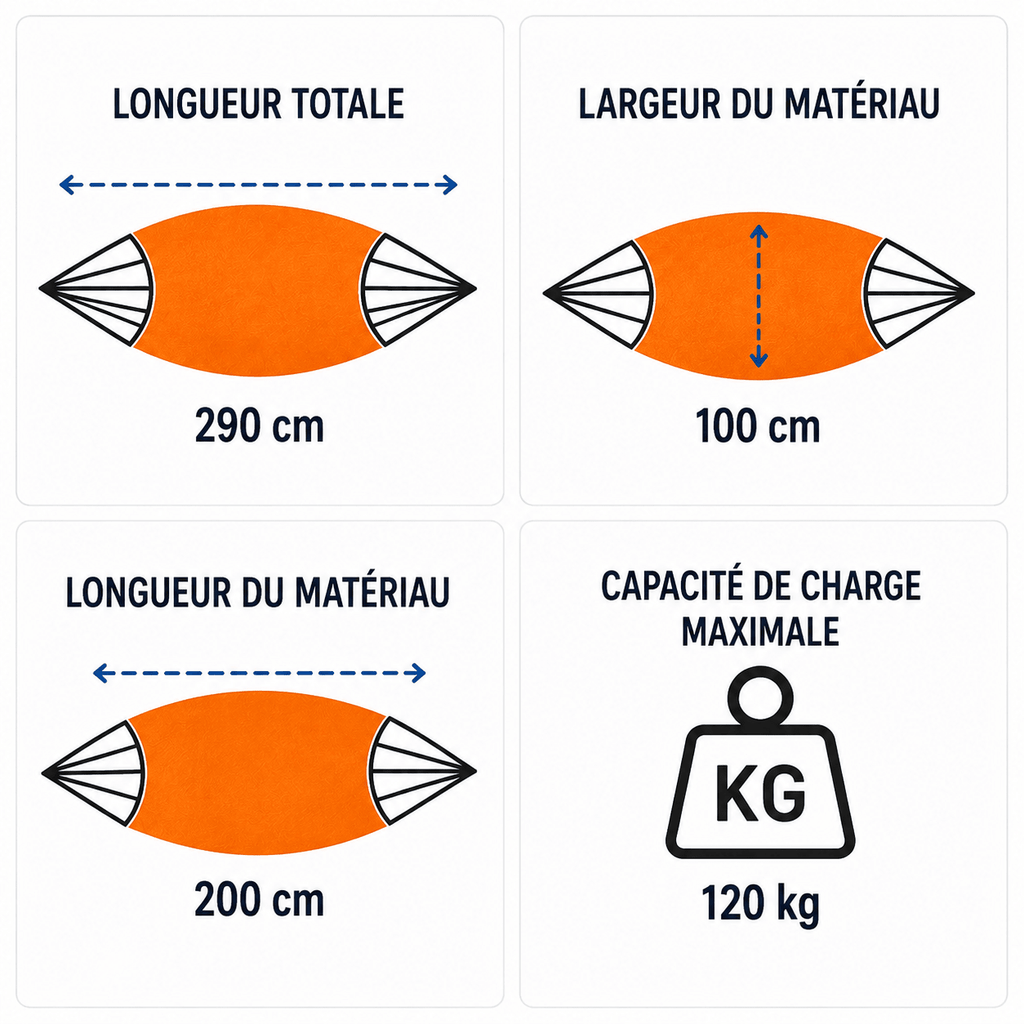 Hamac sur pied AURORA Orange 200 x 100 cm avec support acier – Charge maximale 120 kg - Hamac sur pied