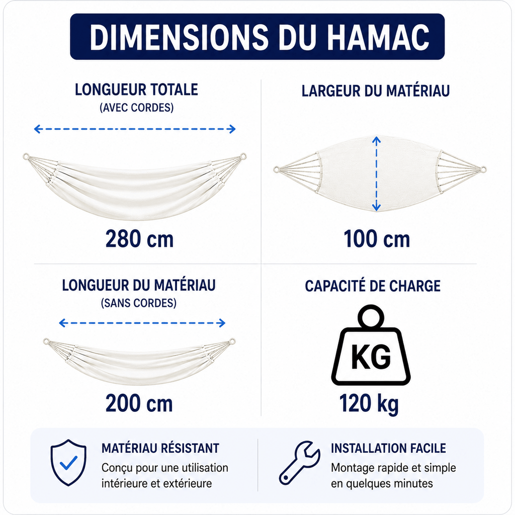 Hamac sur pied avec barres Kalypso Écru - Support acier - 120 kg - 200 × 120 cm - Hamac sur pied