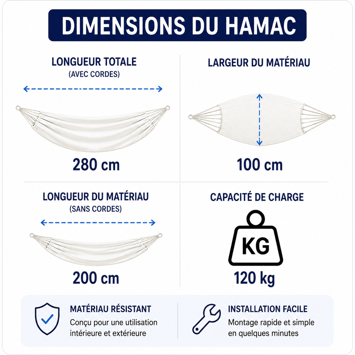 Hamac sur pied avec barres Kalypso Écru - Support acier - 120 kg - 200 × 120 cm - Hamac sur pied