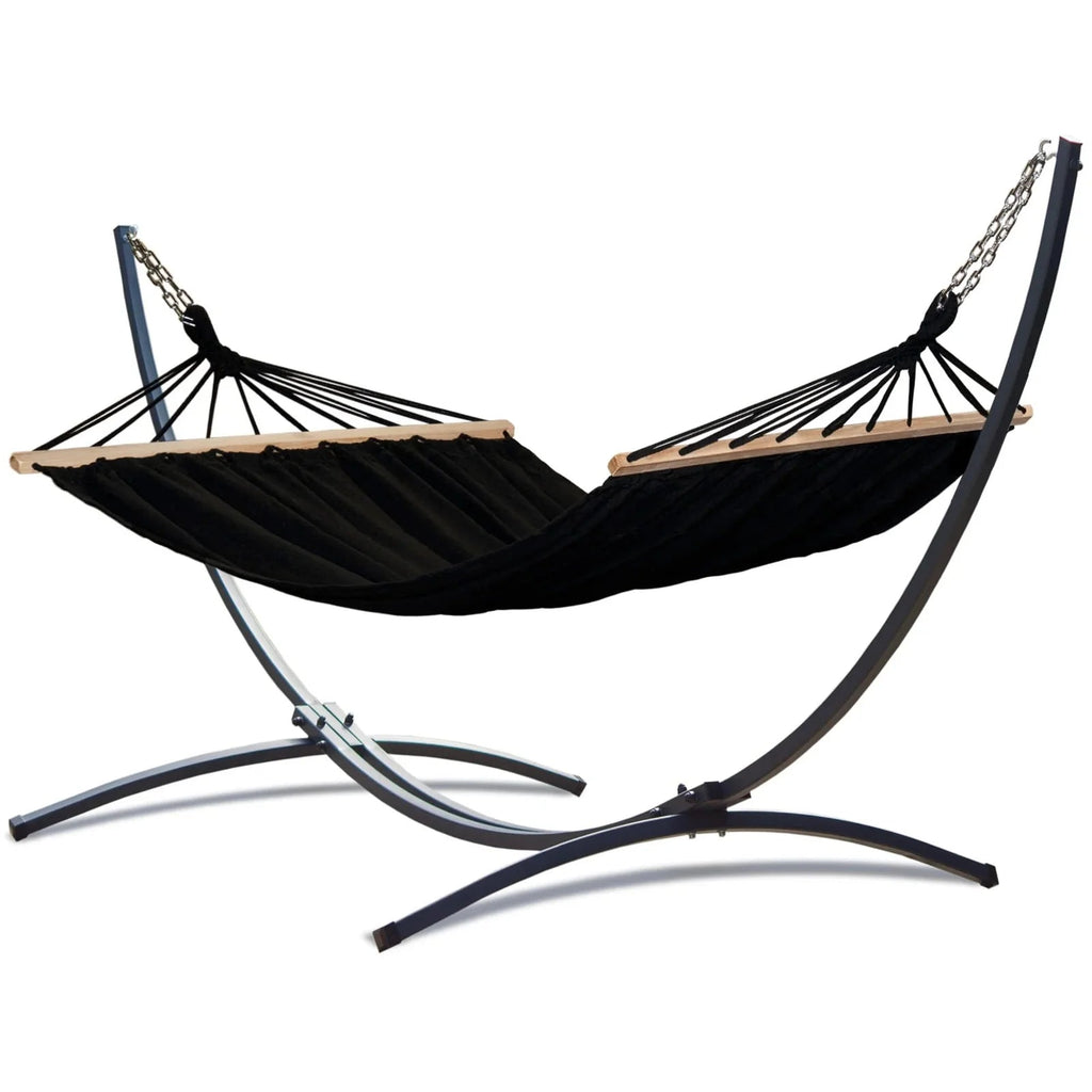 Hamac sur pied ÉBÈNE Noir 200 x 120 cm avec barres en bois et support acier – Charge maximale 120 kg - Hamac sur pied