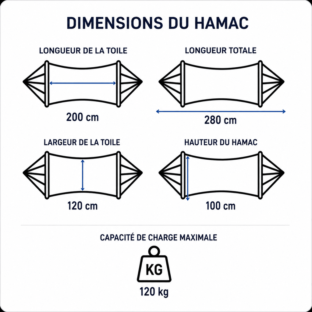 Hamac sur pied ÉBÈNE Noir 200 x 120 cm avec barres en bois et support acier – Charge maximale 120 kg - Hamac sur pied