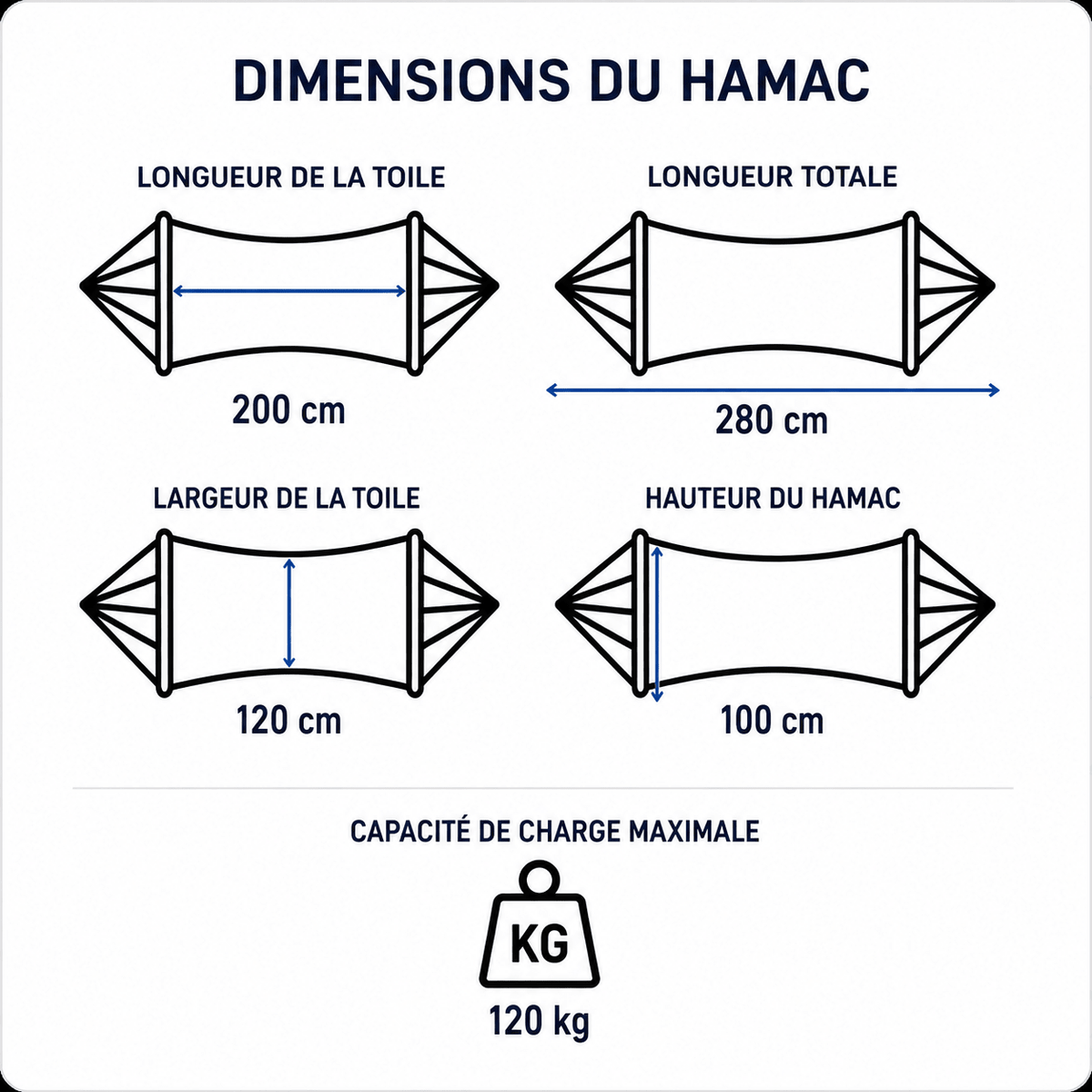 Hamac sur pied ÉBÈNE Noir 200 x 120 cm avec barres en bois et support acier – Charge maximale 120 kg - Hamac sur pied